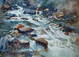 Water Fall (Cascading Waters) by Sanjay Dhawale, Original Watercolor Landscape Painting on Handmade Paper, Small Horizontal Wall Art