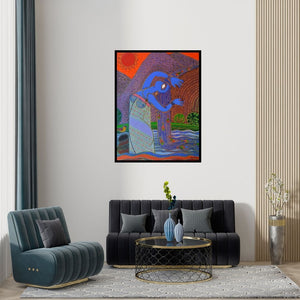 Preview of 'WaterFall (The Rivers Embrace)' Painting by Santanu Nandan Dinda shown on a wall in a furnished room.