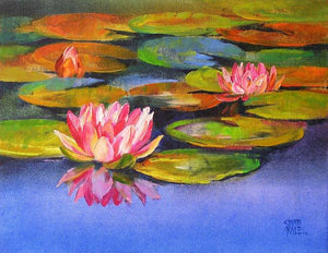 Water Lilies 17 (Serene Water Lilies) by Swati Kale, Original Oil Nature Painting on Canvas, Small Horizontal Wall Art