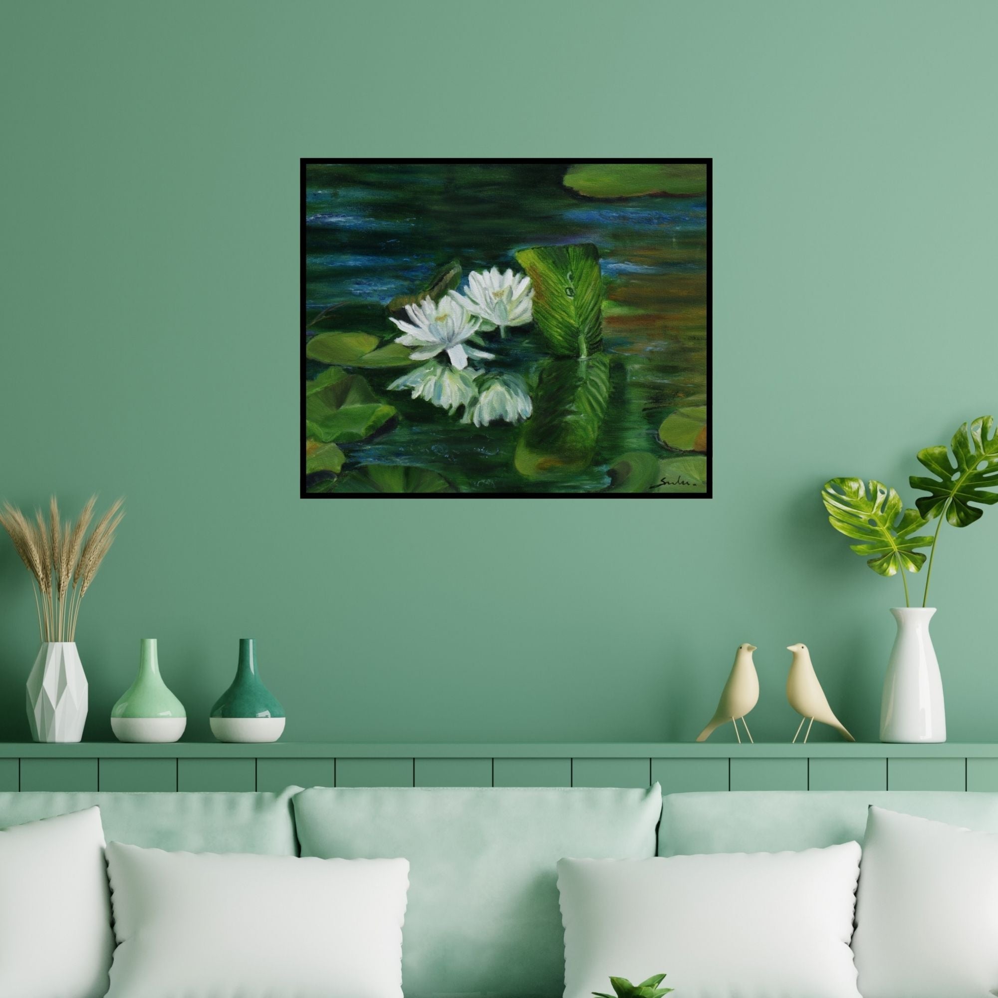 Preview of 'Water Lily 15 (Water Lily Reflections)' Painting by Sulakshana Dharmadhikari shown on a wall in a furnished room.
