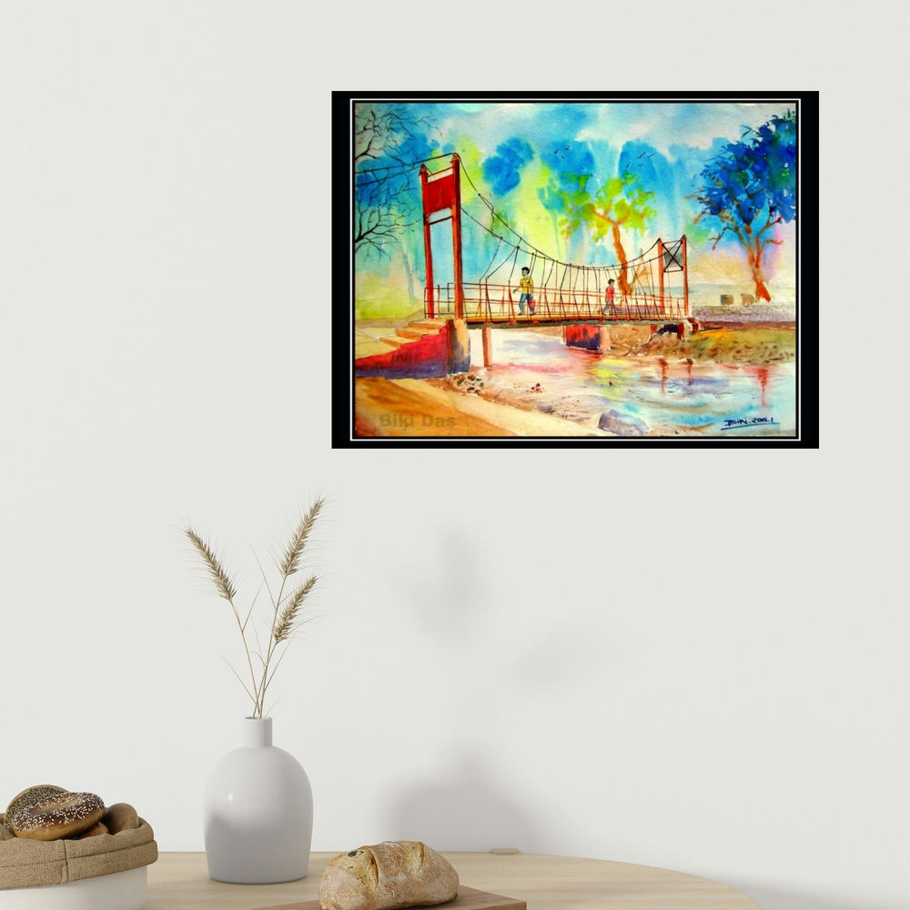 Biki Das's 'Water Pool Nd Backgraound Hill (Rivers Crossing: A Bridge in Hues)' painting visualized above a sofa in a contemporary room.