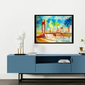 'Water Pool Nd Backgraound Hill (Rivers Crossing: A Bridge in Hues)' painting by Biki Das shown on a wall in a furnished room.