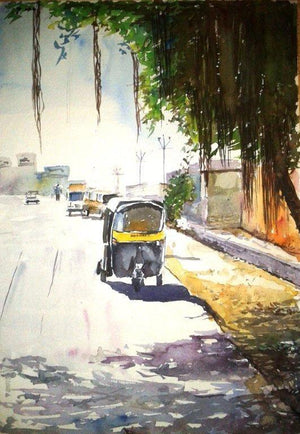 Watercolor 5 (Mumbais Wheels) by Chetan Agrawal, Original Watercolor Cityscape Painting on Handmade Paper, Small Vertical Wall Art