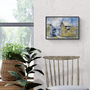 Sachin Naik's painting 'Watercolour Landscapes (Gateway to the Past)' displayed in a modern living room setting