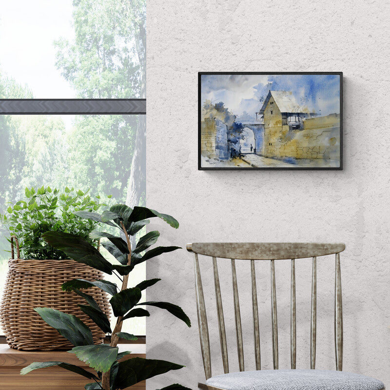 Sachin Naik's painting 'Watercolour Landscapes (Gateway to the Past)' displayed in a modern living room setting
