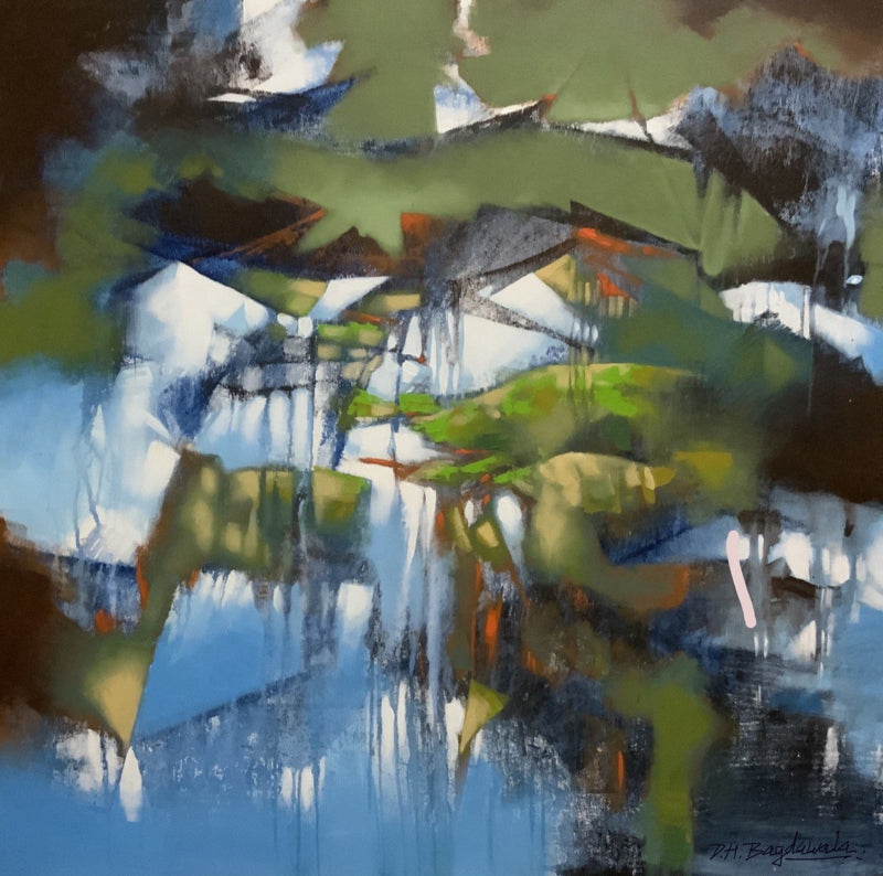 Waterfall' abstract acrylic painting by artist Divyesh Bagdawala, 36x36 inch, on canvas