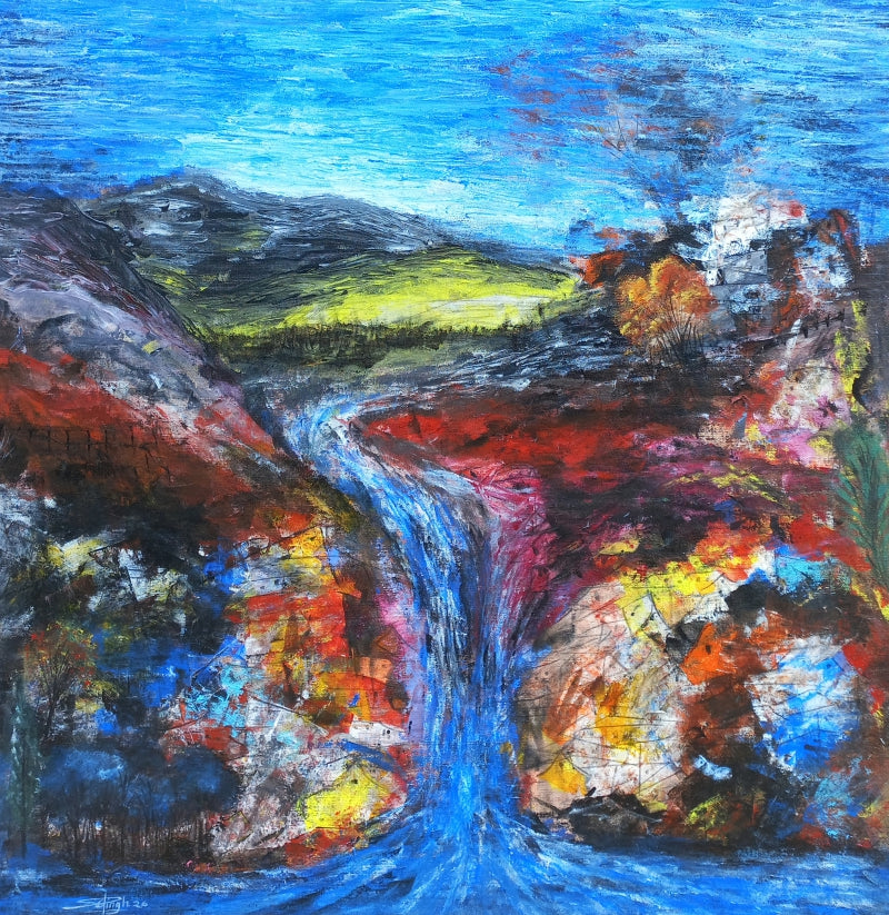 Waterfall Beyond The Hills' abstract acrylic painting by artist Ganesh Singh, 29x27 inch, on canvas