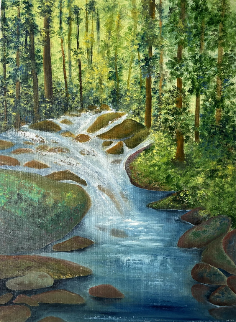 Waterfall In Forest' landscape oil painting by artist Umesh Pandey, 22x16 inch, on canvas
