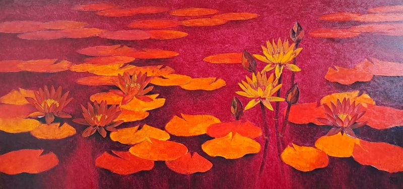 Waterlilies' nature oil painting by artist Swati Kale, 30x60 inch, on canvas