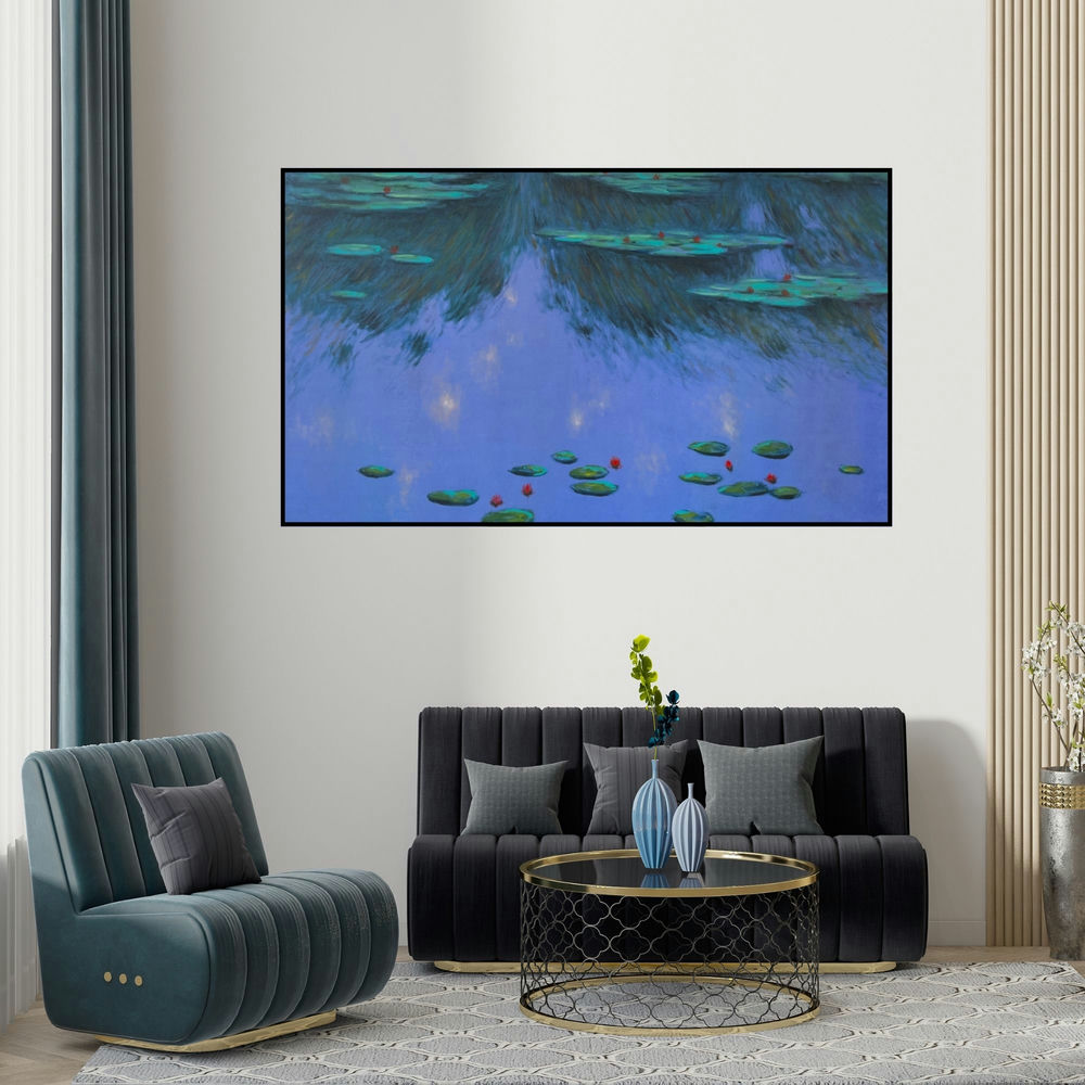 Chaitan Bhosale's 'Waterlilies 1 (Twilight Water Lilies)' painting visualized above a sofa in a contemporary room.