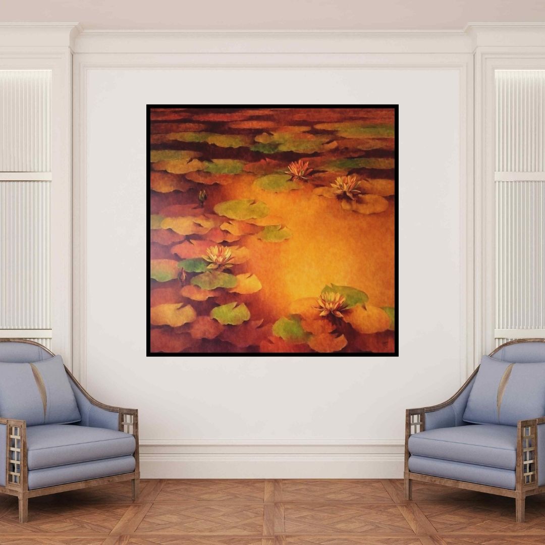 In-situ view of Swati Kale's 'Waterlilies 1 (Golden Hour Water Lilies)' painting in a room