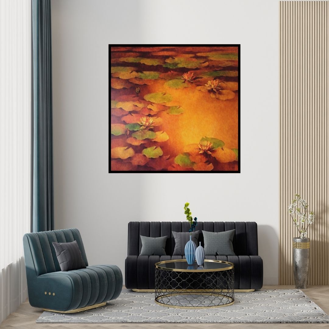 Preview of 'Waterlilies 1 (Golden Hour Water Lilies)' Painting by Swati Kale shown on a wall in a furnished room.