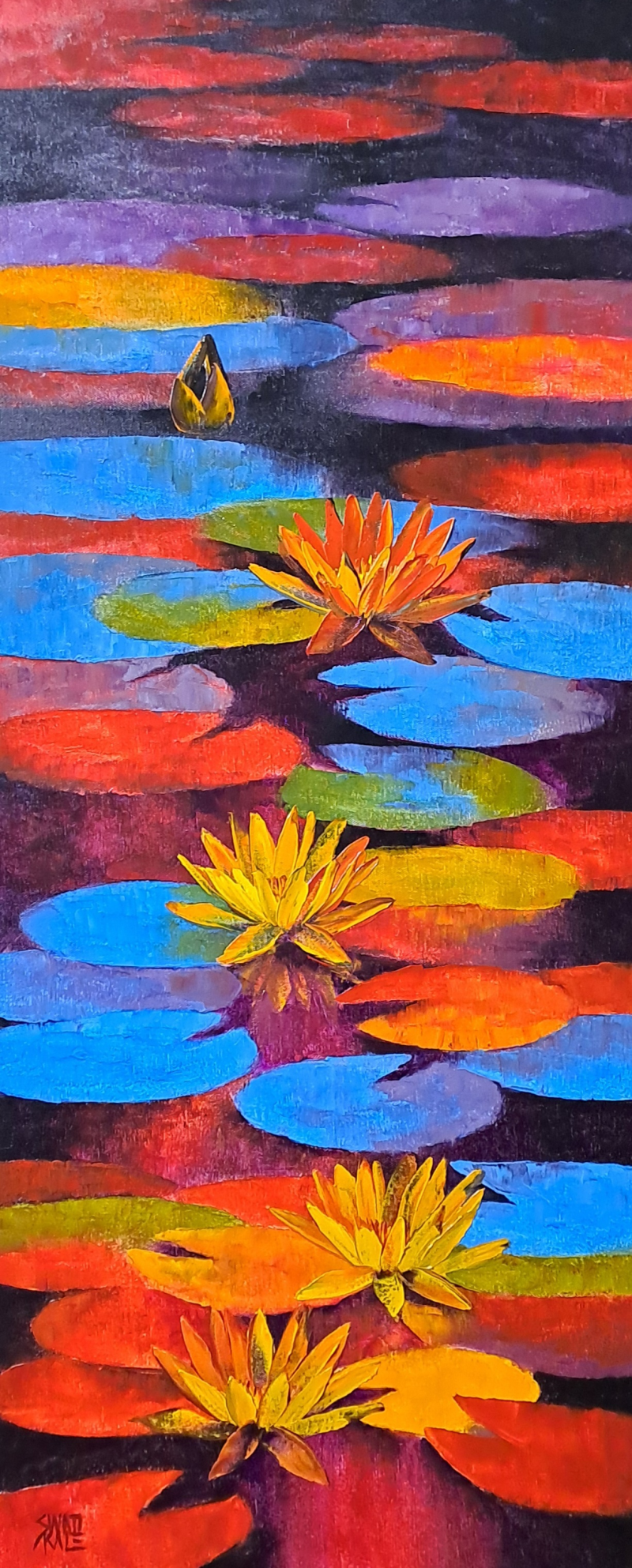 Waterlilies' nature oil painting by artist Swati Kale, 42x18 inch, on canvas