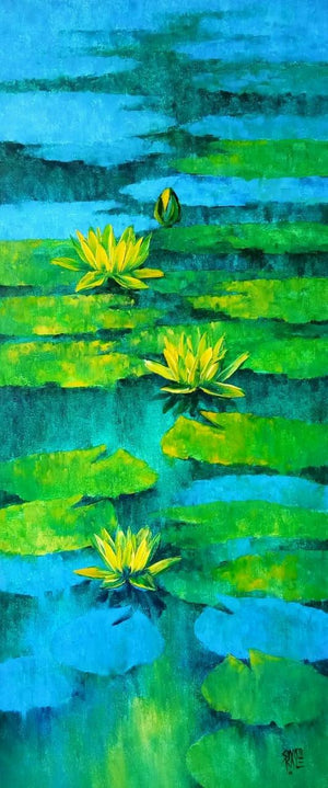 Waterlilies 101 (Golden Bloom) by Swati Kale, Original Oil Nature Painting on Canvas, Medium Vertical Wall Art