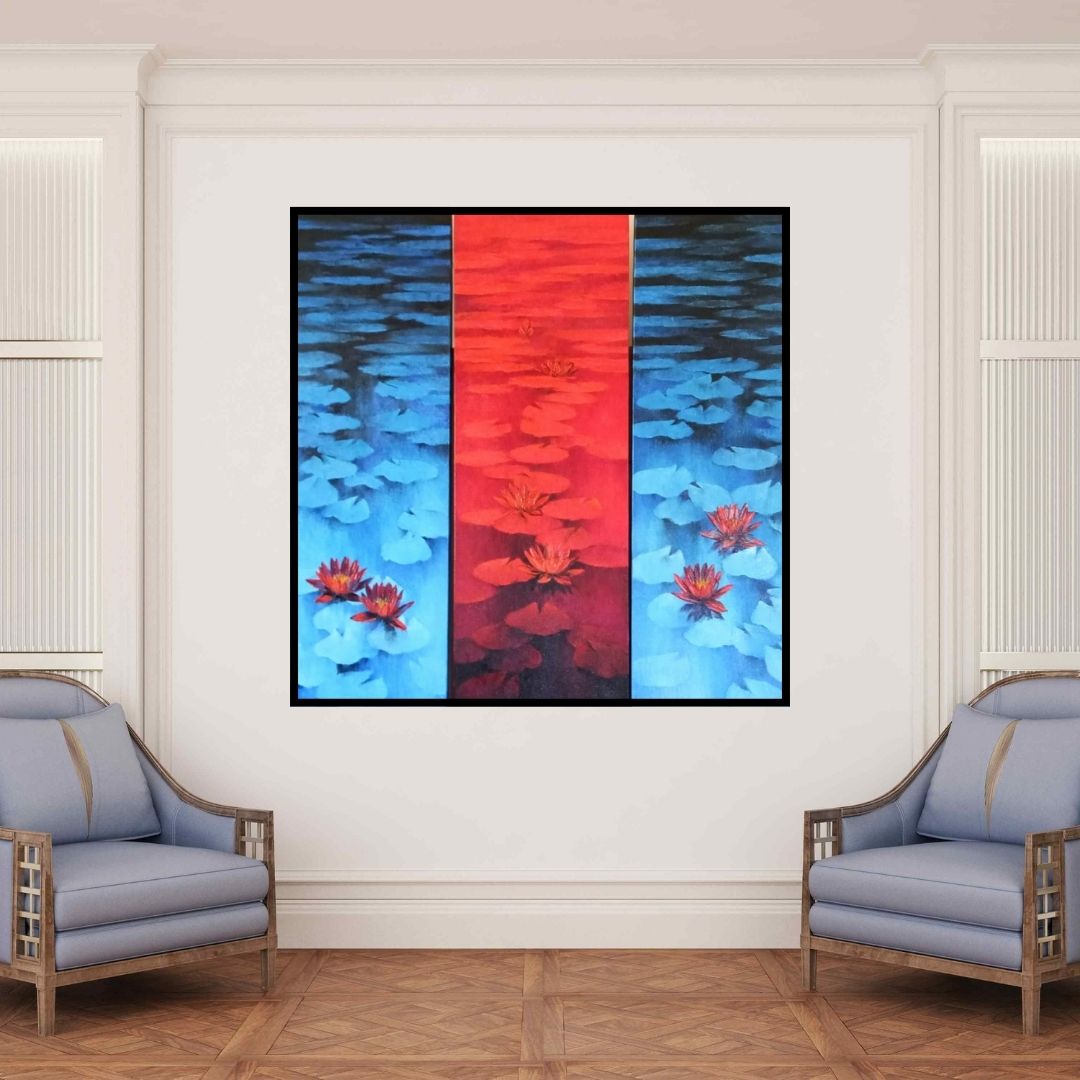 In-situ view of Swati Kale's 'Waterlilies 105 (Chromatic Reflections)' painting in a room