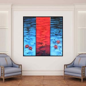 In-situ view of Swati Kale's 'Waterlilies 105 (Chromatic Reflections)' painting in a room