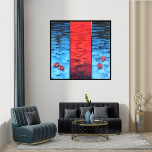 Preview of 'Waterlilies 105 (Chromatic Reflections)' Painting by Swati Kale shown on a wall in a furnished room.