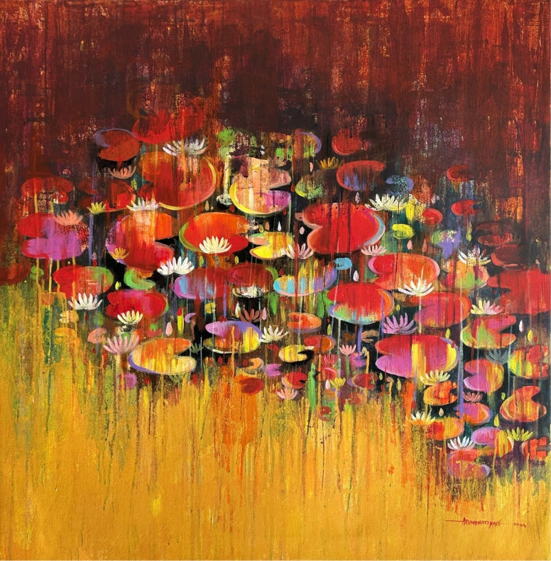 Waterlilies 11' nature acrylic painting by artist Arundhati Pise, 36x36 inch, on canvas