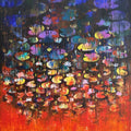 Waterlilies 12' nature acrylic painting by artist Arundhati Pise, 48x36 inch, on canvas