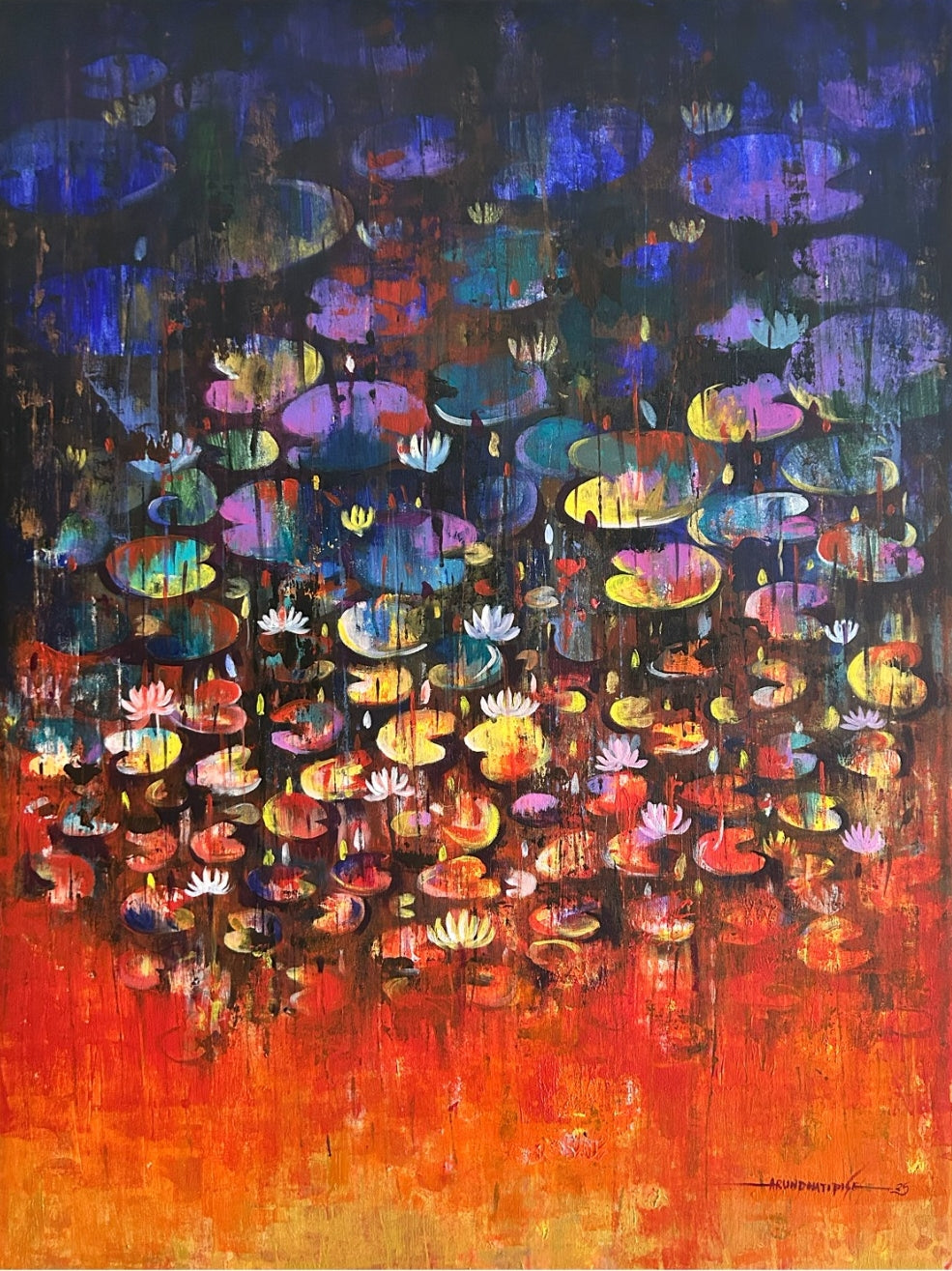Waterlilies 12' nature acrylic painting by artist Arundhati Pise, 48x36 inch, on canvas