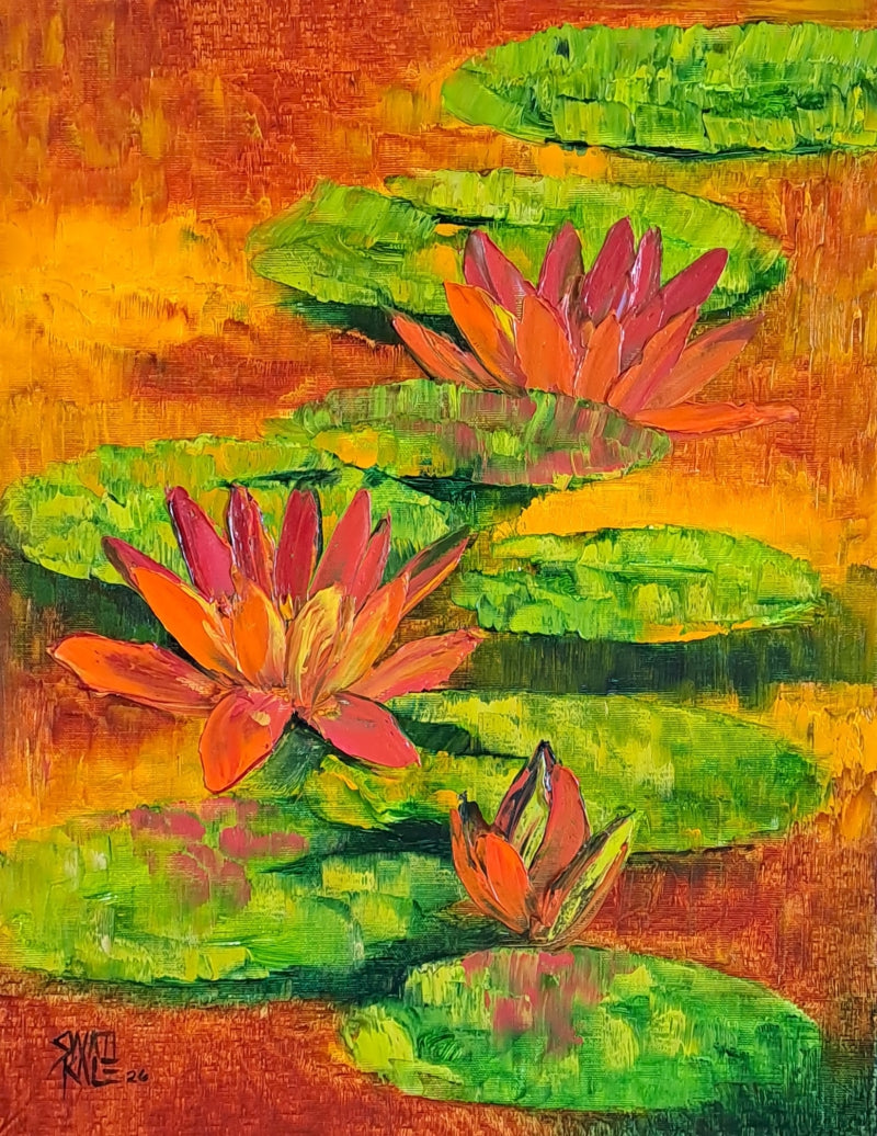 Waterlilies 12' nature oil painting by artist Swati Kale, 18x14 inch, on canvas
