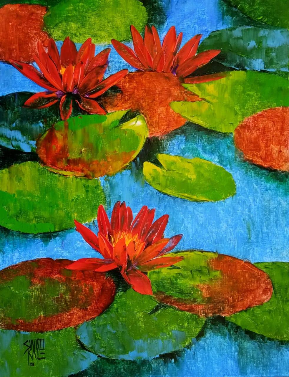 Nature oil painting titled 'Waterlilies 12', 18x14 inches, by artist Swati Kale on Canvas