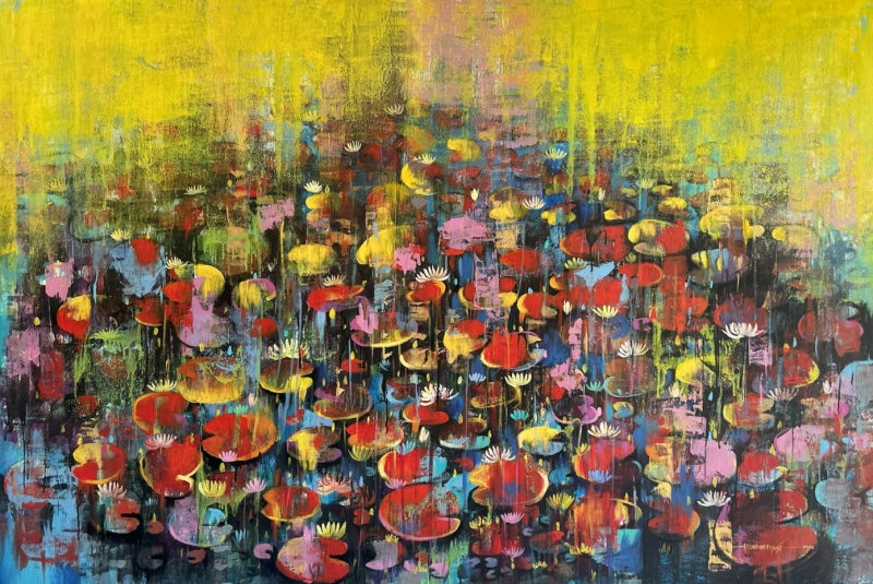 Waterlilies 13' nature acrylic painting by artist Arundhati Pise, 48x72 inch, on canvas