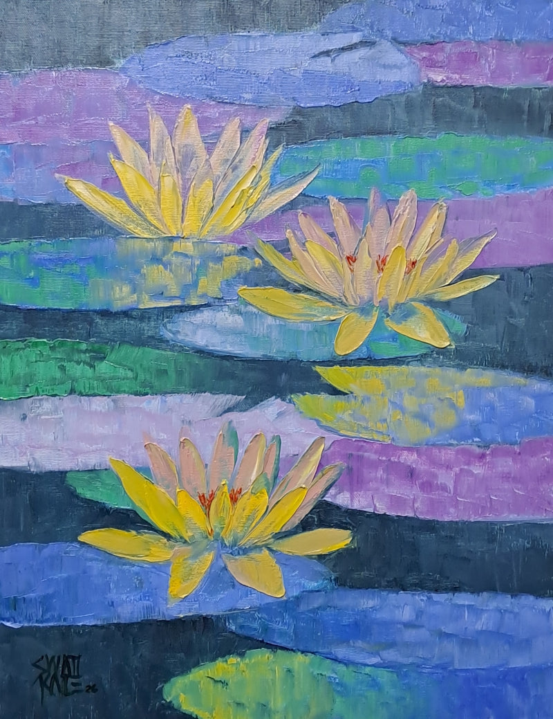 Waterlilies 13' nature oil painting by artist Swati Kale, 18x14 inch, on canvas