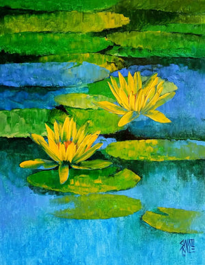Waterlilies 13 (Serene Water Lilies) by Swati Kale, Original Oil Nature Painting on Canvas, Small Vertical Wall Art