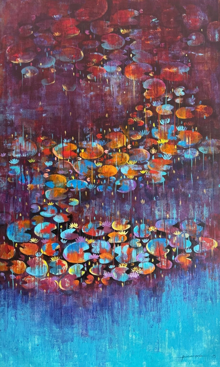 Waterlilies 14' nature acrylic painting by artist Arundhati Pise, 60x36 inch, on canvas