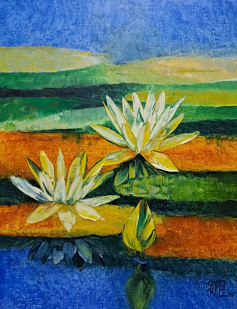 Waterlilies 14' nature oil painting by artist Swati Kale, 18x14 inch, on canvas