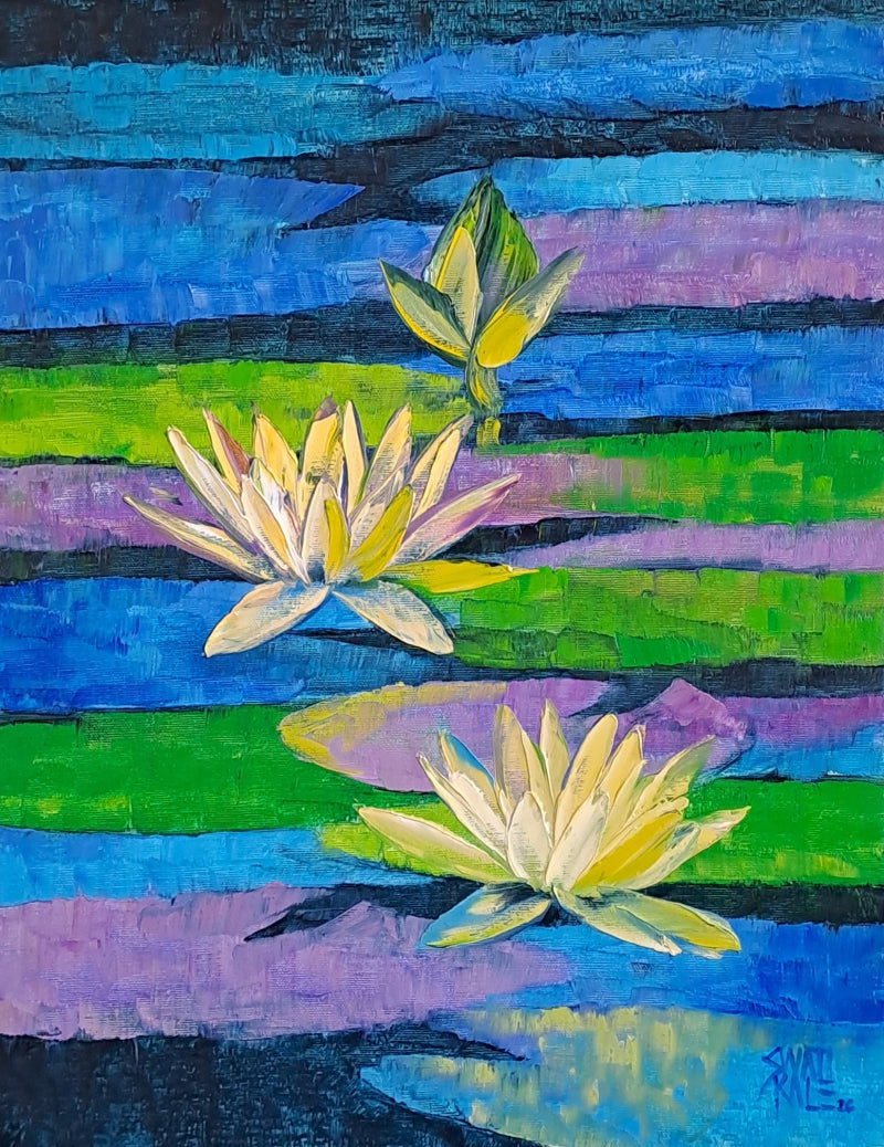 Waterlilies 15' nature oil painting by artist Swati Kale, 18x14 inch, on canvas