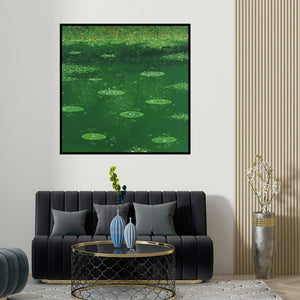 Shirish Ambekar's 'Waterlilies 2 (Still Waters)' painting visualized above a sofa in a contemporary room.