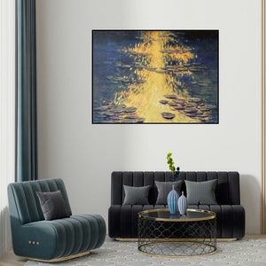 'Waterlilies 3 (Golden Pond)' painting by Chaitan Bhosale shown on a wall in a furnished room.