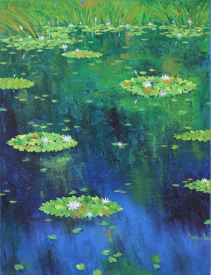 Waterlilies 3 (Water Lilies in Bloom) by Shirish Ambekar, Original Oil Nature Painting on Canvas, Small Vertical Wall Art