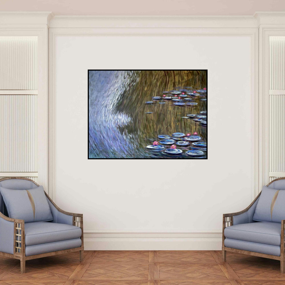 'Waterlilies 4 (Serene Water Lilies)' painting by Chaitan Bhosale shown on a wall in a furnished room.