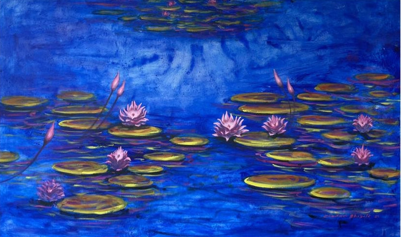 Waterlilies 4' nature acrylic painting by artist Chaitan Bhosale, 36x60 inch, on canvas