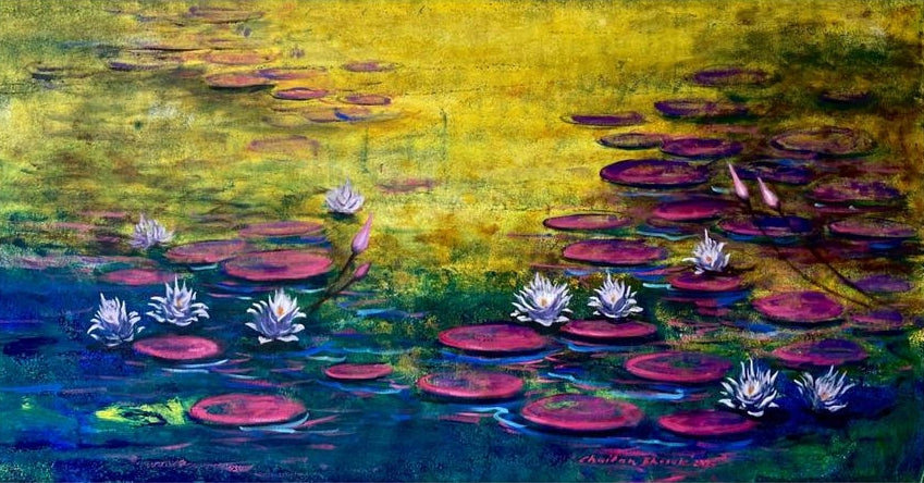Waterlilies 5' nature acrylic painting by artist Chaitan Bhosale, 36x60 inch, on canvas