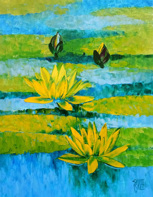 Waterlilies 53 (Golden Serenity) by Swati Kale, Original Oil Nature Painting on Canvas, Small Vertical Wall Art