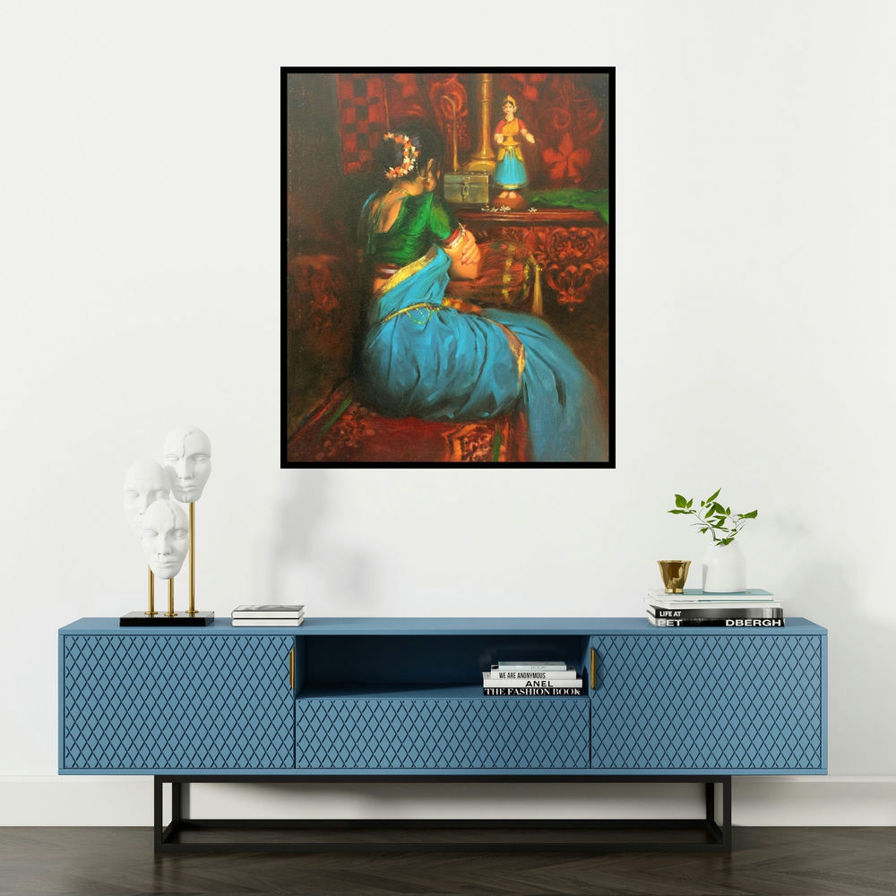 Vijay Jadhav's 'Wating' painting visualized above a sofa in a contemporary room.