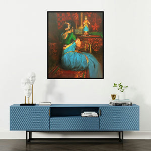Vijay Jadhav's 'Wating' painting visualized above a sofa in a contemporary room.