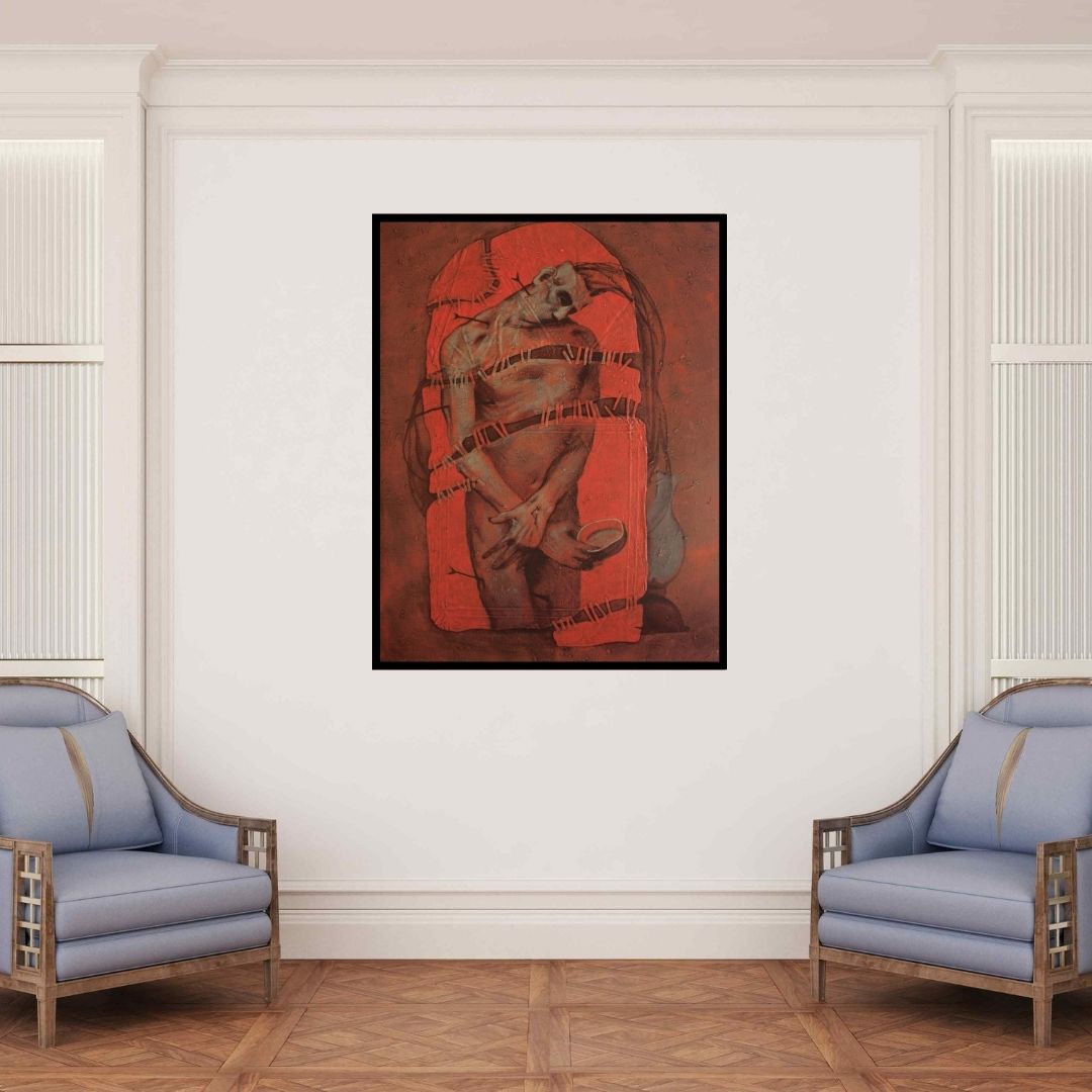 In-situ view of Akashay Avsare's 'Wating (Waiting)' painting in a room