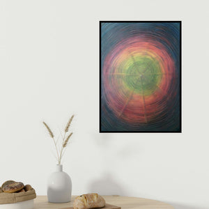 Devirani Dasgupta's 'Way To Eternity' painting visualized above a sofa in a contemporary room.