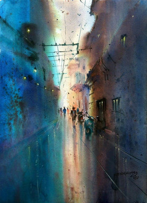 Way Of Light (Urban Twilight) by Purendra Deogirkar, Original Watercolor Landscape Painting on Paper, Small Vertical Wall Art