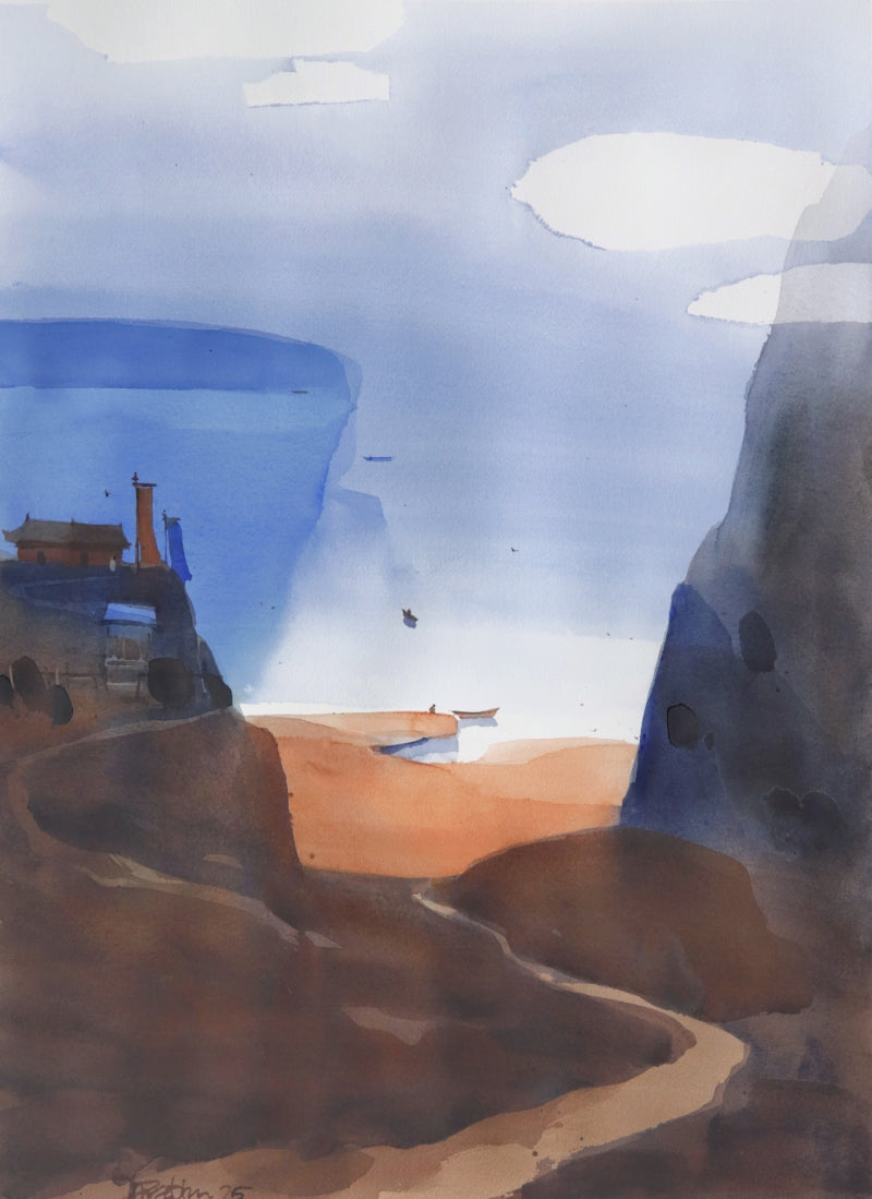 Way To The River' landscape watercolor painting by artist Prashant Prabhu, 30x22 inch, on paper