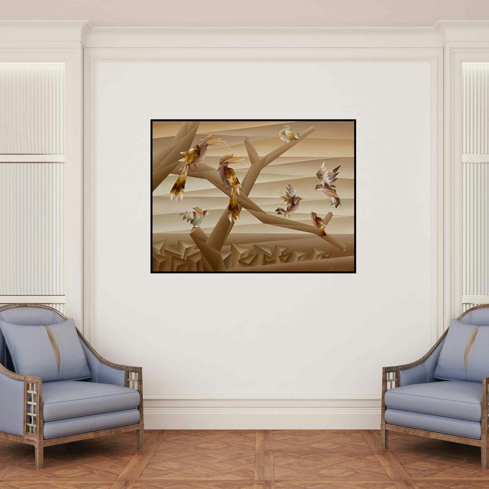'Way Of Sitting (Avian Geometrics)' painting by Nirakar Chowdhury shown on a wall in a furnished room.