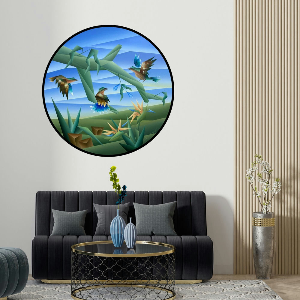 Nirakar Chowdhury's 'Way Of Sitting 2 (Avian Symphony)' painting visualized above a sofa in a contemporary room.