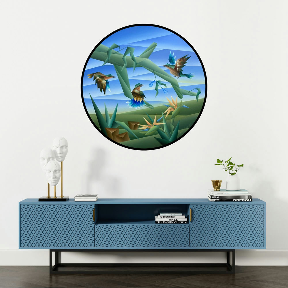 'Way Of Sitting 2 (Avian Symphony)' painting by Nirakar Chowdhury shown on a wall in a furnished room.