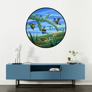 'Way Of Sitting 2 (Avian Symphony)' painting by Nirakar Chowdhury shown on a wall in a furnished room.