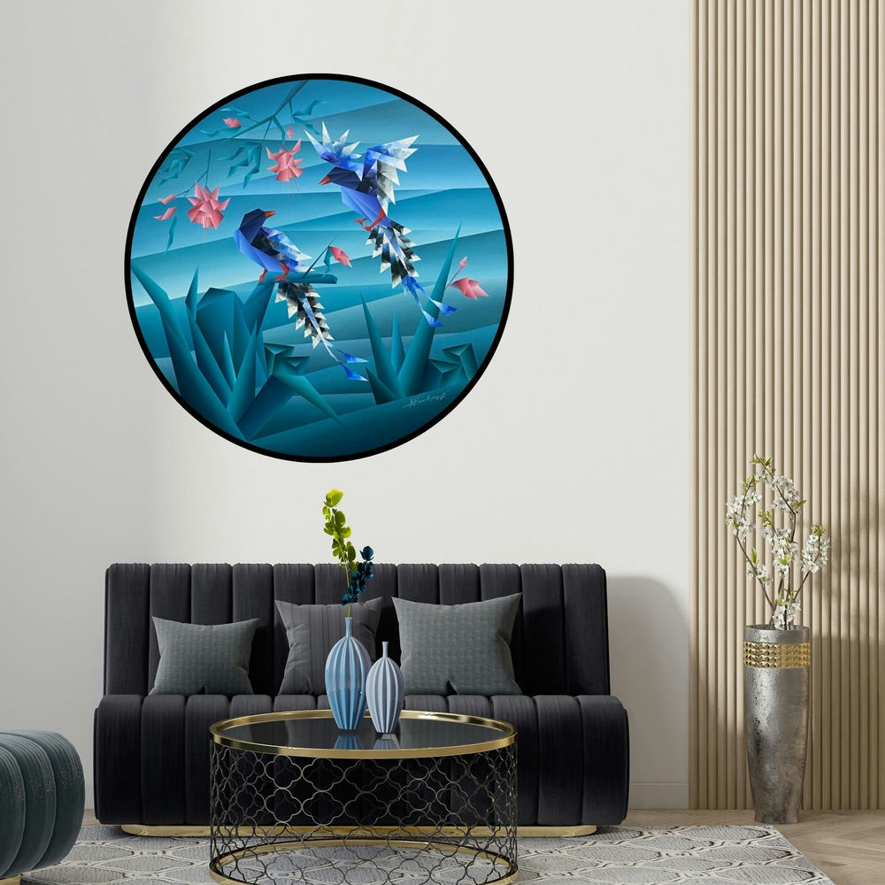 Nirakar Chowdhury's 'Way Of Sitting 3 (Azure Encounter)' painting visualized above a sofa in a contemporary room.